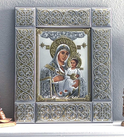 Christian Silver Icon Mary Holding Jesus Christ Wall Orthodox Art Frame 