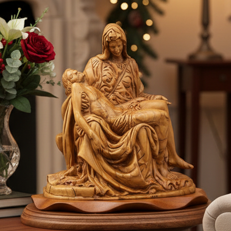Pieta Statue, Olive Wood Carving Statue from Bethlehem 10.8