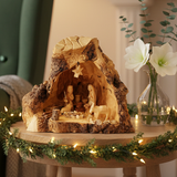 Rustic Nativity Scene with Natural Bark, 8.7" Unique Wooden Carvings from Bethlehem
