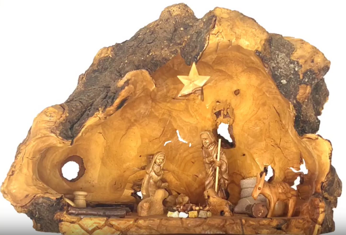 Nativity Scene Sculpted from Natural Olive Wood with Bark 16"