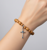 Pulsera ovalada de madera de olivo con colgante de crucifijo, cuentas de 9x6 mm