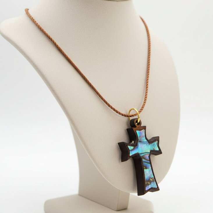 Olive Wood Cross Necklace with Blue Green Mother of Pearl inlay