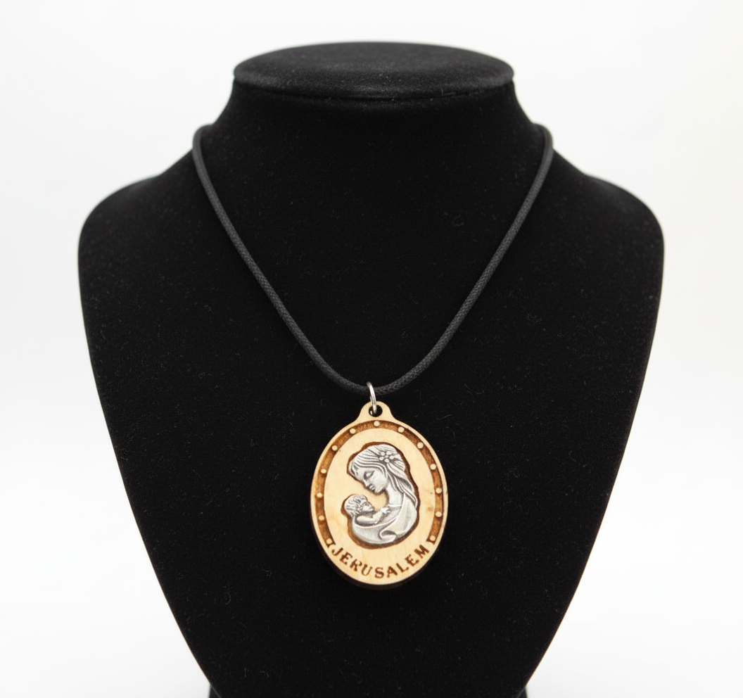 Silver Plated Virgin Mary with Baby Jesus on Olive Wood Base