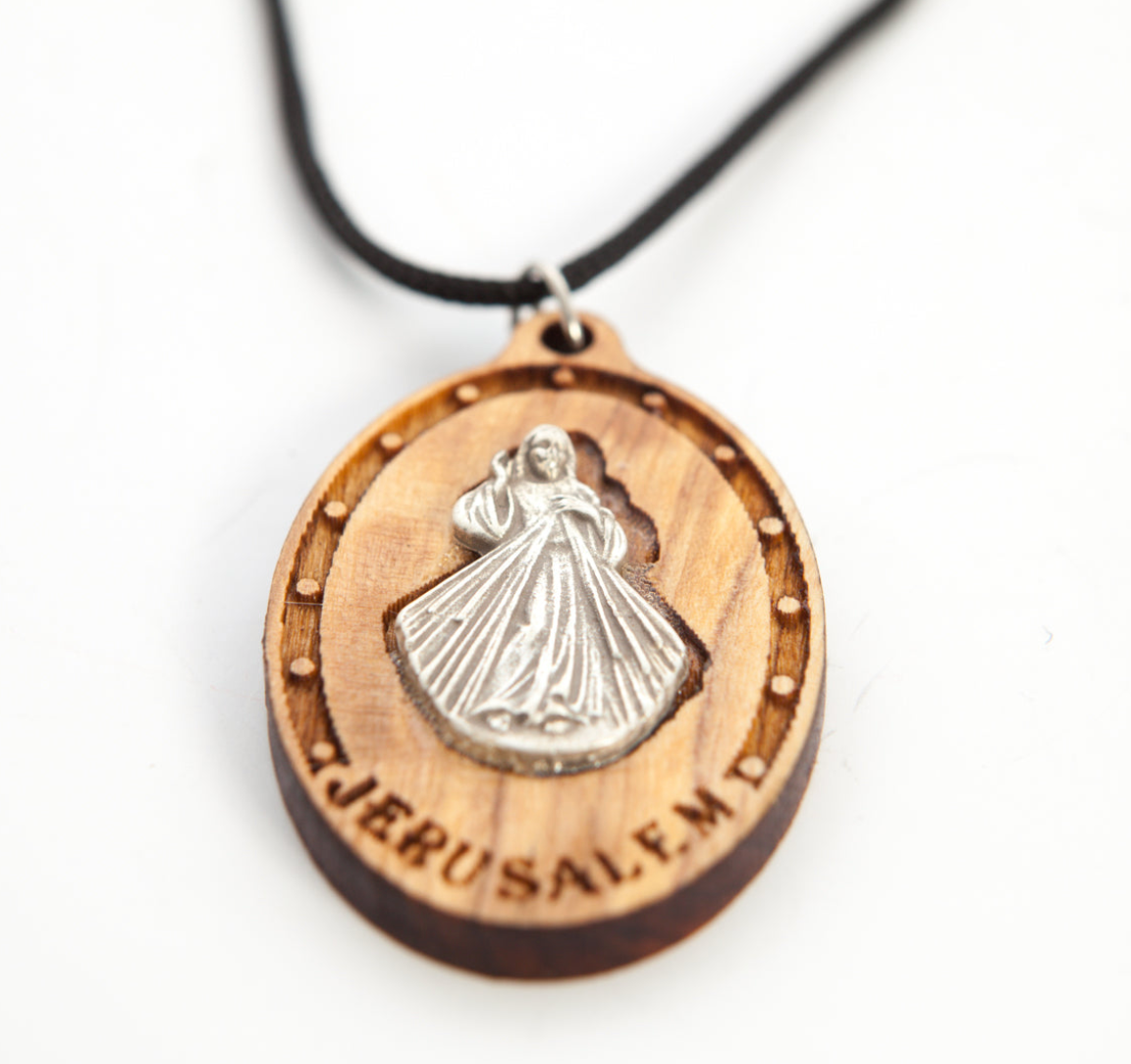 Olive Wood Divine Mercy Pendant