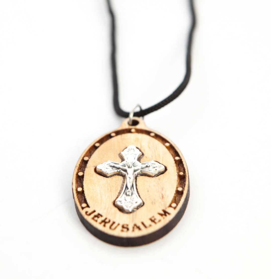 Sliver Plated Crucifix on Olive Wood Pendant