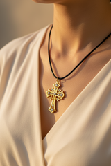 Collar de cruz de Jerusalén de madera de olivo artístico | Artesanías de Belén