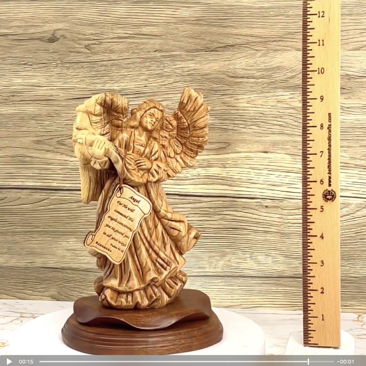 Angel Playing Music With Cithara Carving, 9.7" Olive Wood from Holy Land