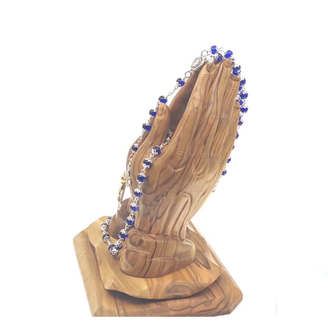 Rosary with Blue Glass Beads, Metal Chain and 2" Crucifix, Heavy Blue Coral Stone from Holy Land