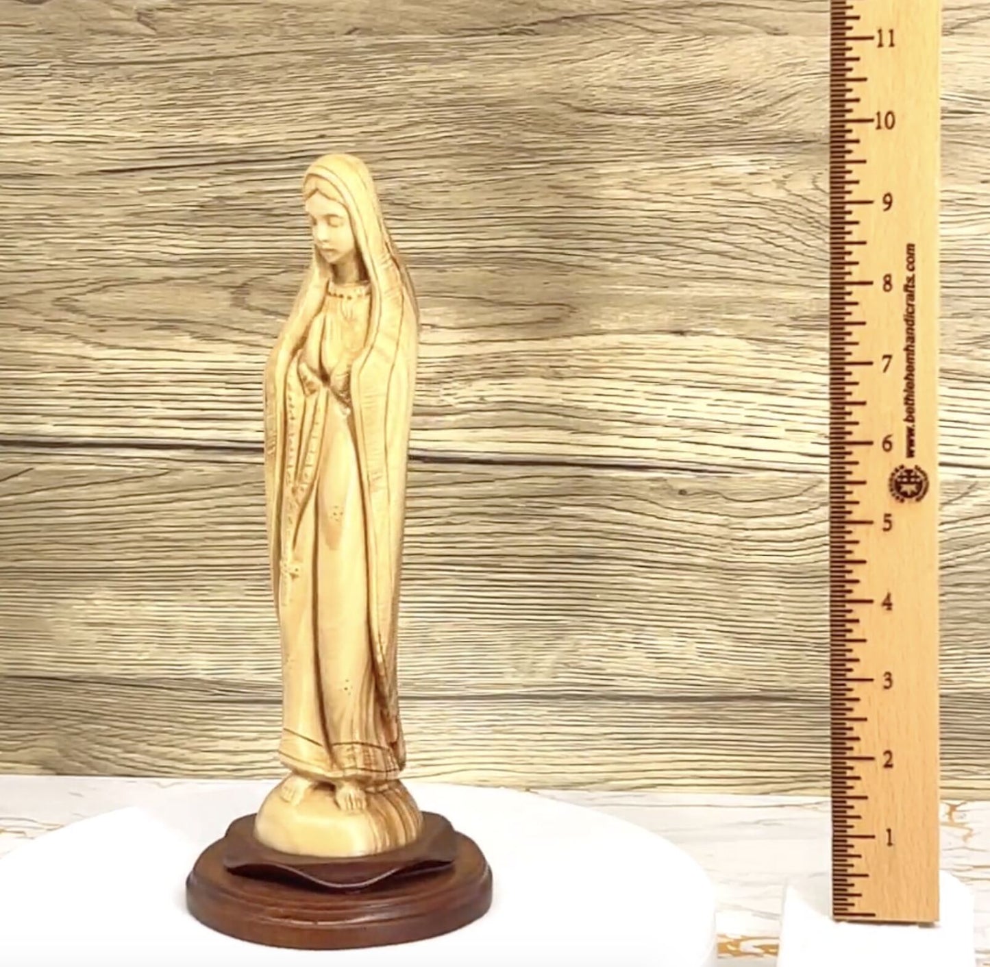 Blessed Mother Holding a Rosary, 10" Olive Wood Carving Statue from Bethlehem