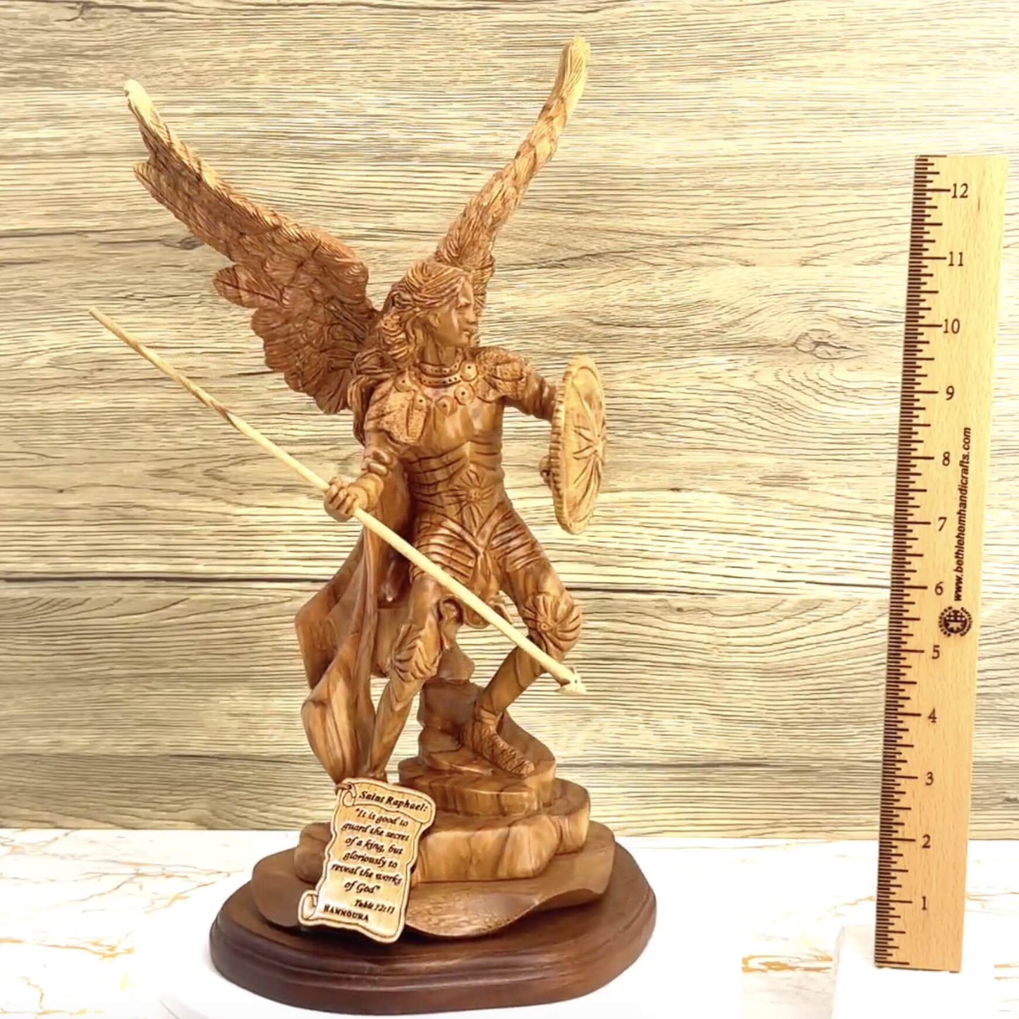 Archangel Raphael Masterpiece, 15" Wooden Sculpture from Holy Land