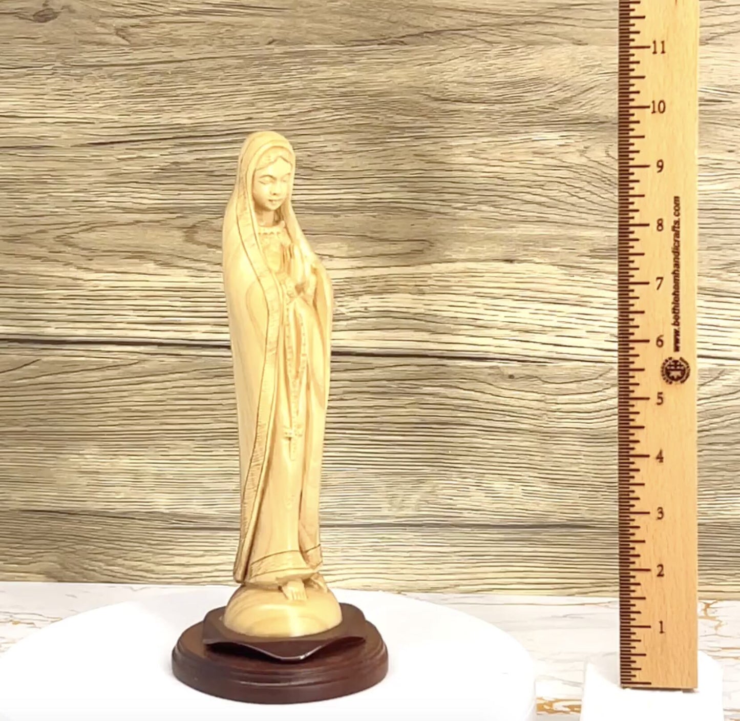 Blessed Mother Holding a Rosary, 10" Olive Wood Carving Statue from Bethlehem