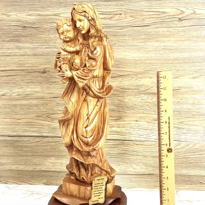 Virgin Mary Holding Baby Jesus, 18.9" Carved from the Holy Land Olive Wood