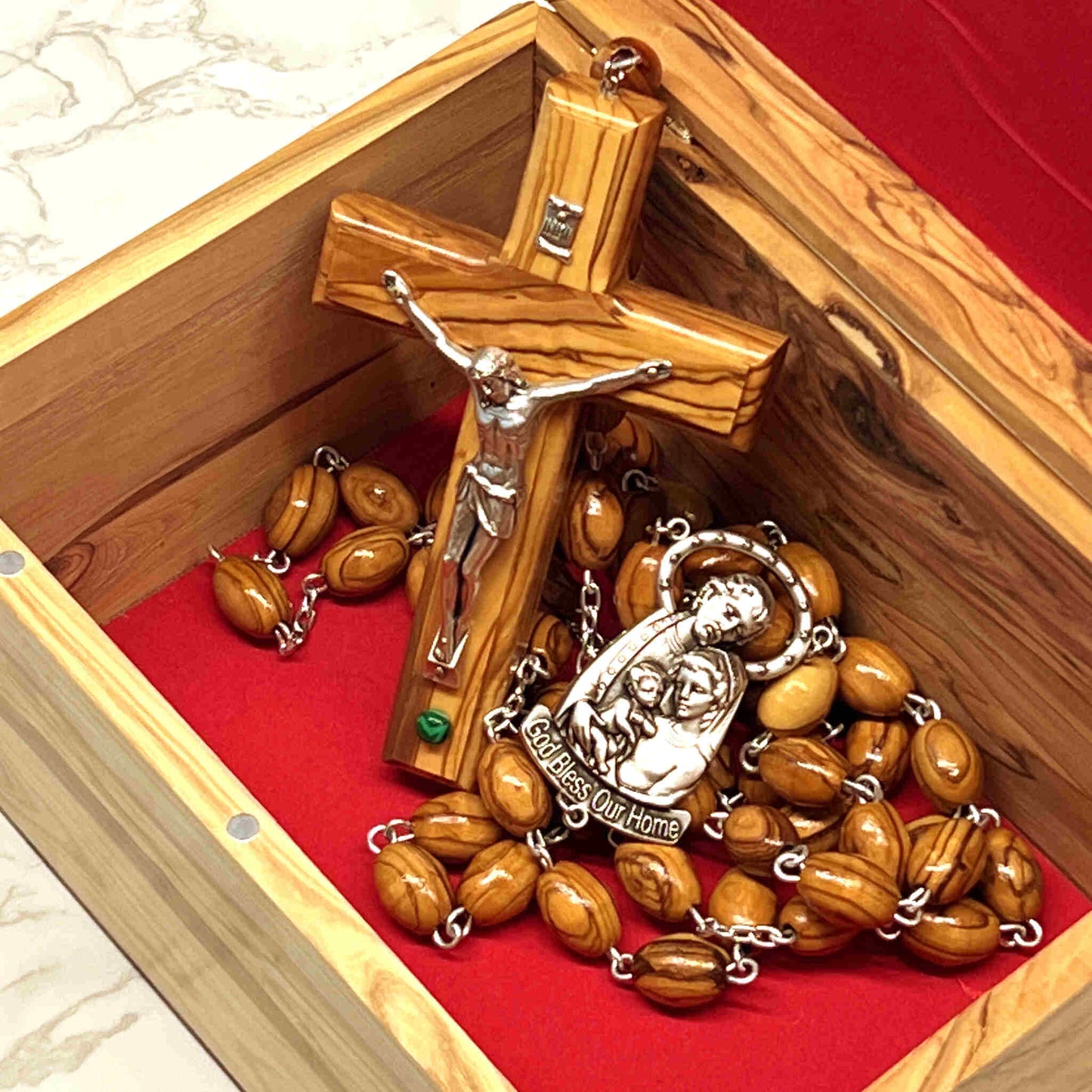Wall Hanging Rosary, "God Bless Our Home" as Centerpiece, Large Wooden Beads from Bethlehem