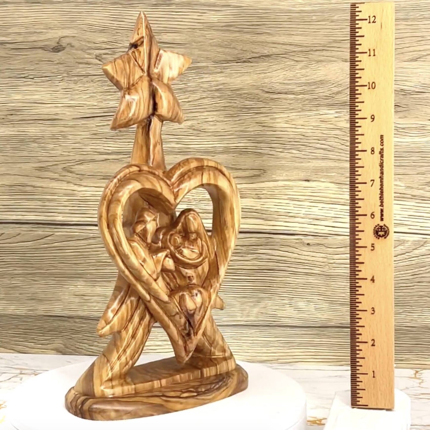 Holy Family with Star of Bethlehem "Heart Shaped", 12.8"  Abstract Hand Carved Olive Wood