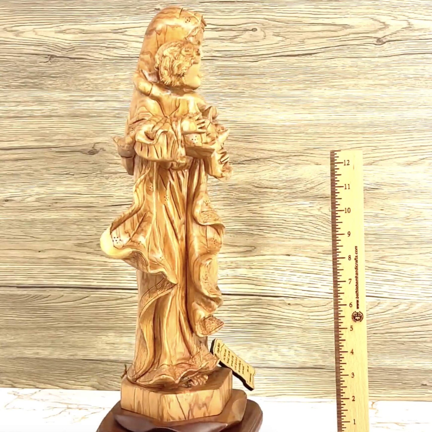 Virgin Mary Holding Baby Jesus, 18.9" Carved from the Holy Land Olive Wood