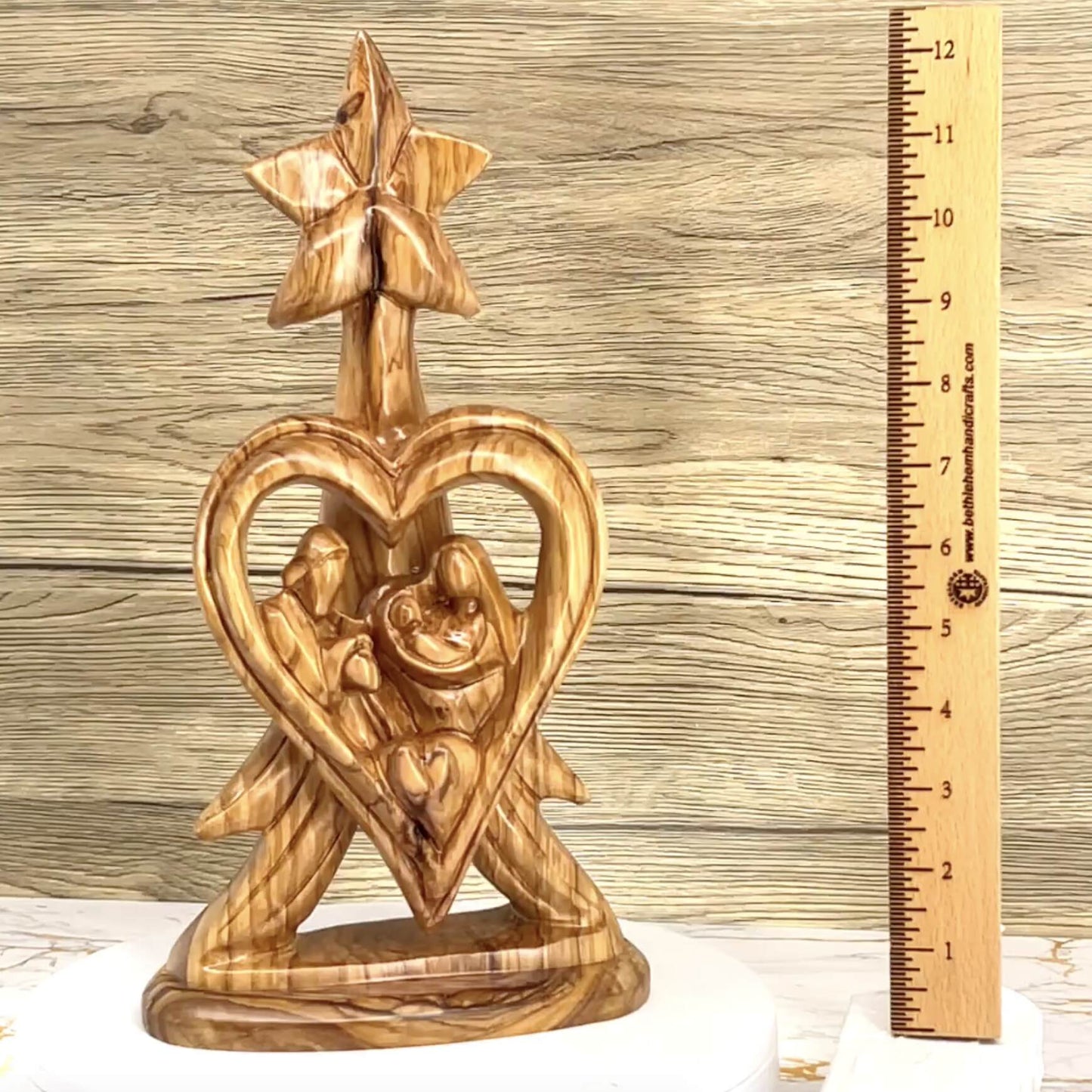 Holy Family with Star of Bethlehem "Heart Shaped", 12.8"  Abstract Hand Carved Olive Wood