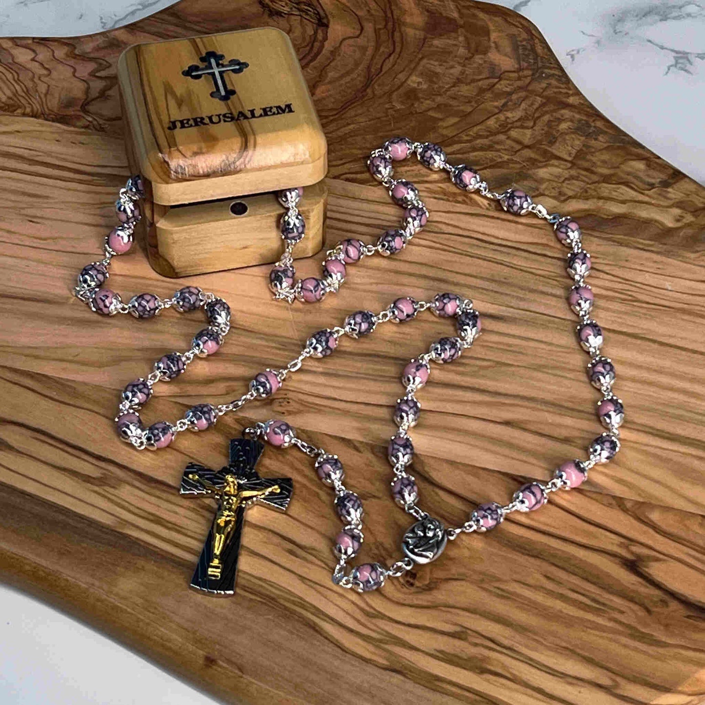 Rosary Necklace with Pink Stone Beads