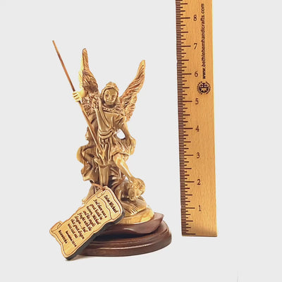 Archangel Michael Sculpture with Wings, 6.9" Carving from Olive Wood
