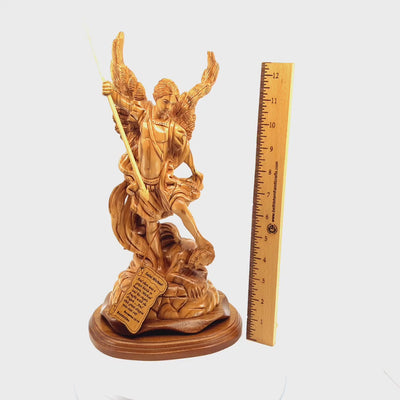 Archangel Michael Sculpture, 13.4" Carving from Holy Land Olive Wood