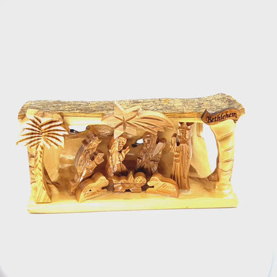 Rustic Nativity Scene with Natural Bark, 7" Olive Wood from Bethlehem