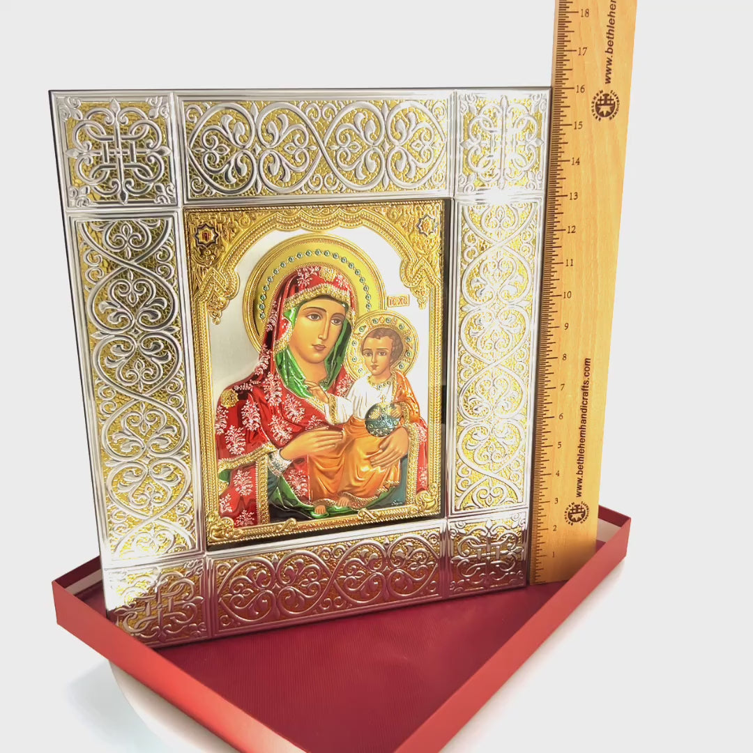 Virgin Mary Holding Jesus Christ, Silver Icon & Gold Color Frame –  Bethlehem Handicrafts