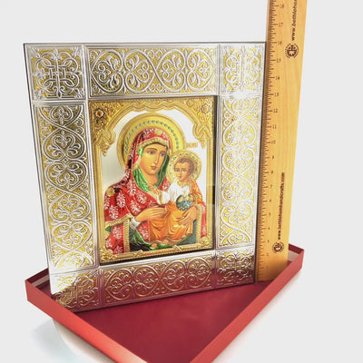 Virgin Mary Holding Baby Jesus in Red Silver Icon with Silver Plated & Gold Color Frame