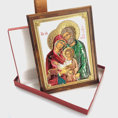 Holy Family Christian Silver Icon with Wooden Frame Mary, Jesus, St. Joseph