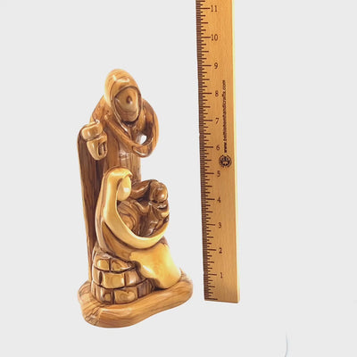 Jesus, Mary and Joseph Sculpture with a Lantern, 9.3" Abstract Hand Carved Olive Wood