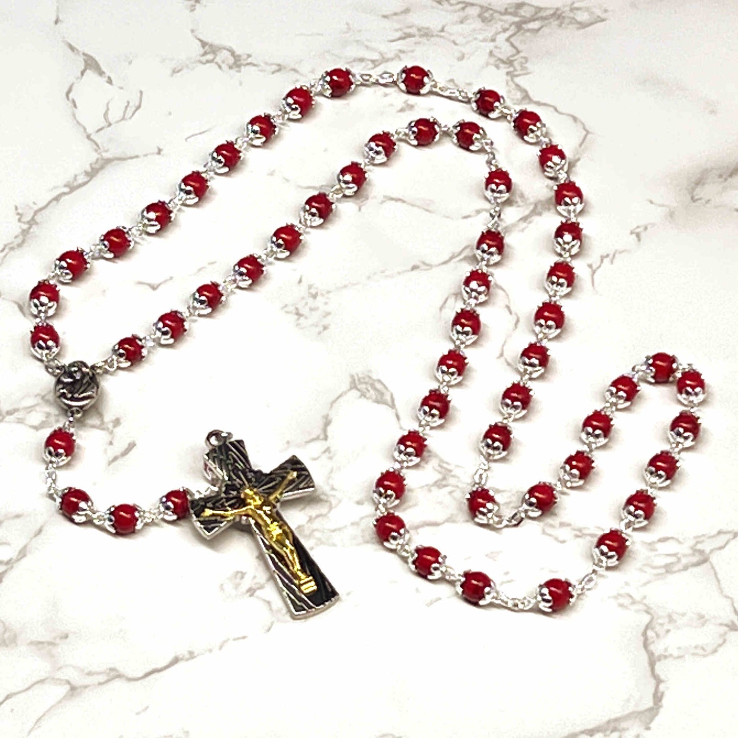 Rosary Necklace with Red Stone Beads