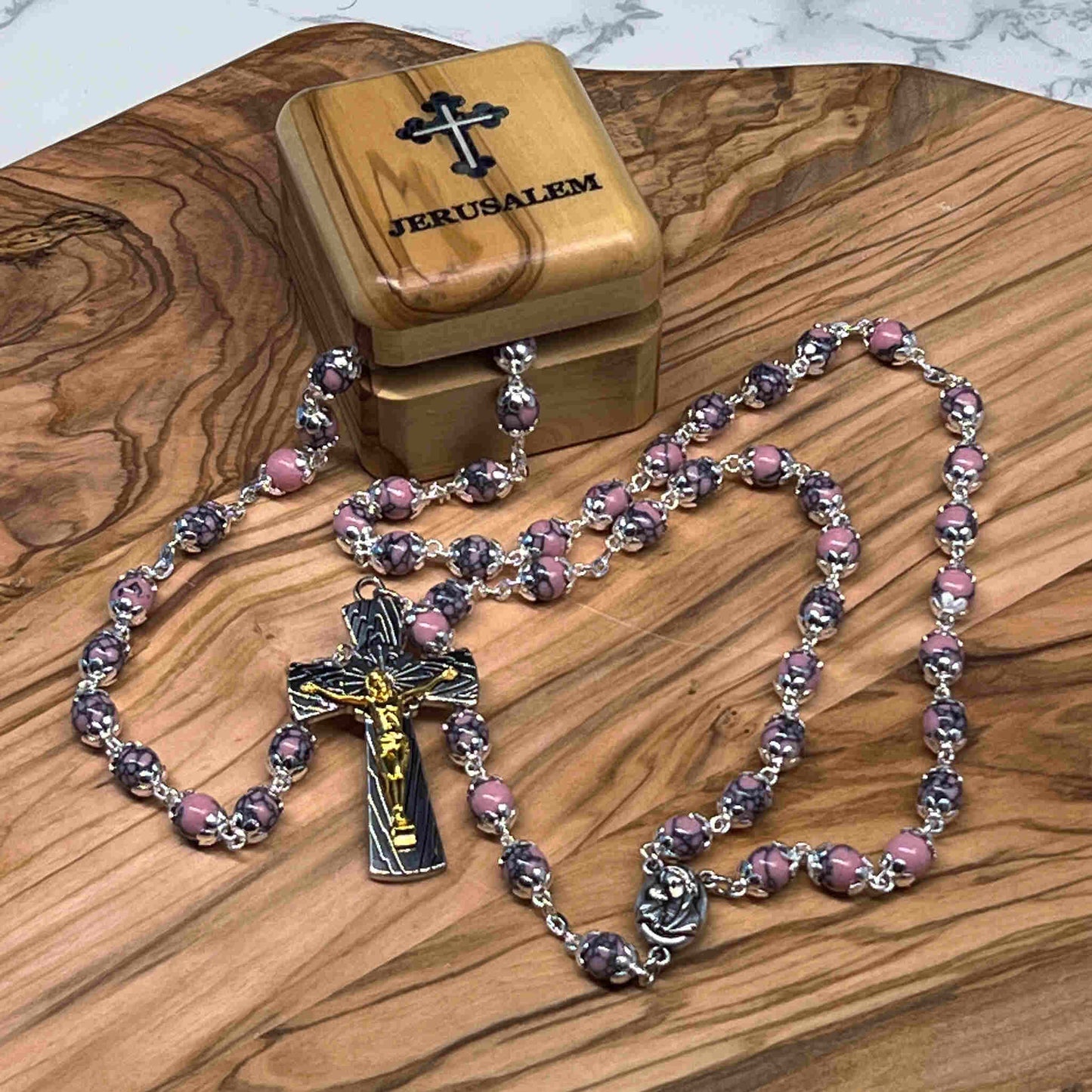 Rosary Necklace with Pink Stone Beads