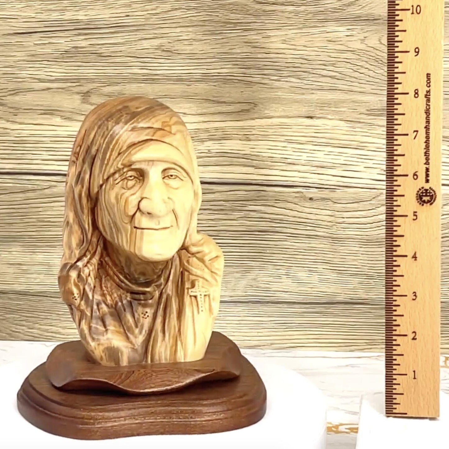 Saint Mother Teresa of Calcutta Bust, 8.5" Carved Wooden Statue from Holy Land