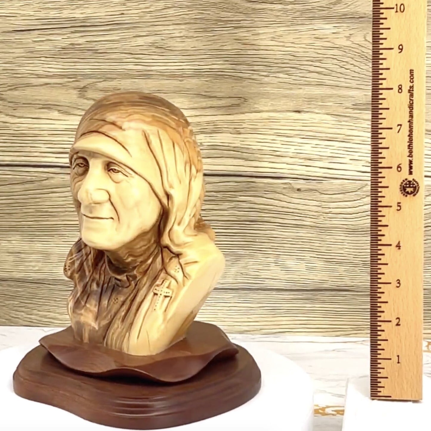 Saint Mother Teresa of Calcutta Bust, 8.5" Carved Wooden Statue from Holy Land