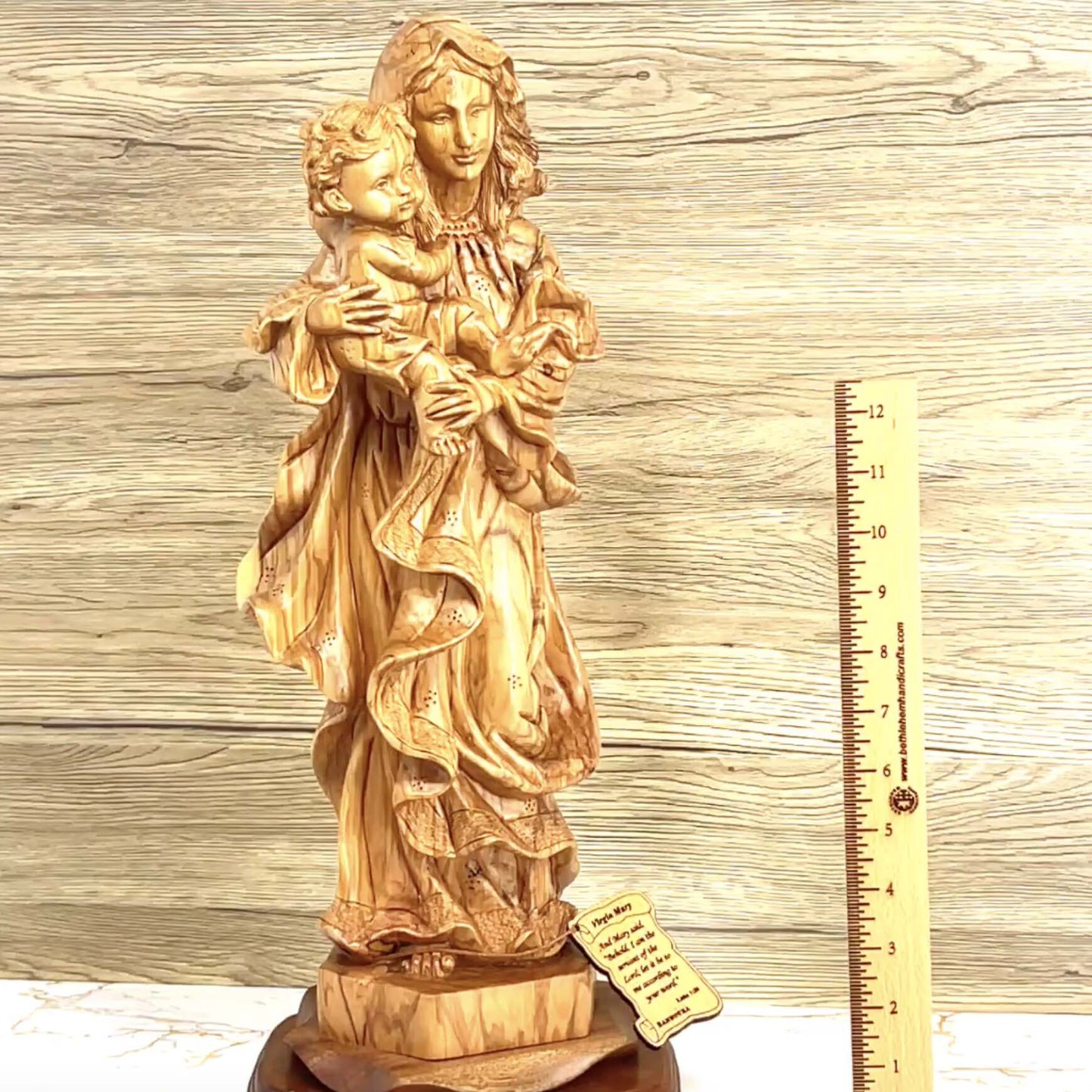 Virgin Mary Holding Baby Jesus, 18.9" Carved from the Holy Land Olive Wood