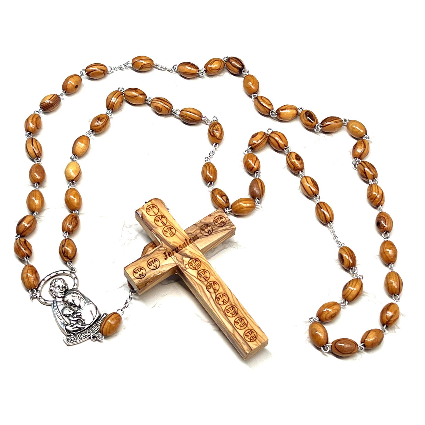 Wall Hanging Rosary, "God Bless Our Home" as Centerpiece, Large Wooden Beads from Bethlehem