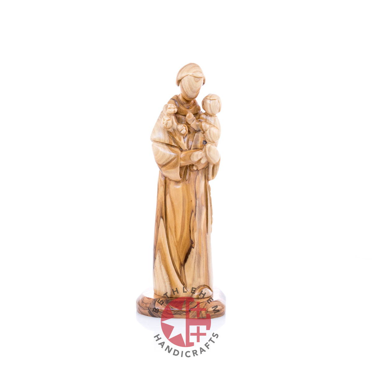 St. Anthony Holding Baby Jesus Christ Figurine, 9.1" Hand Carved Olive Wood