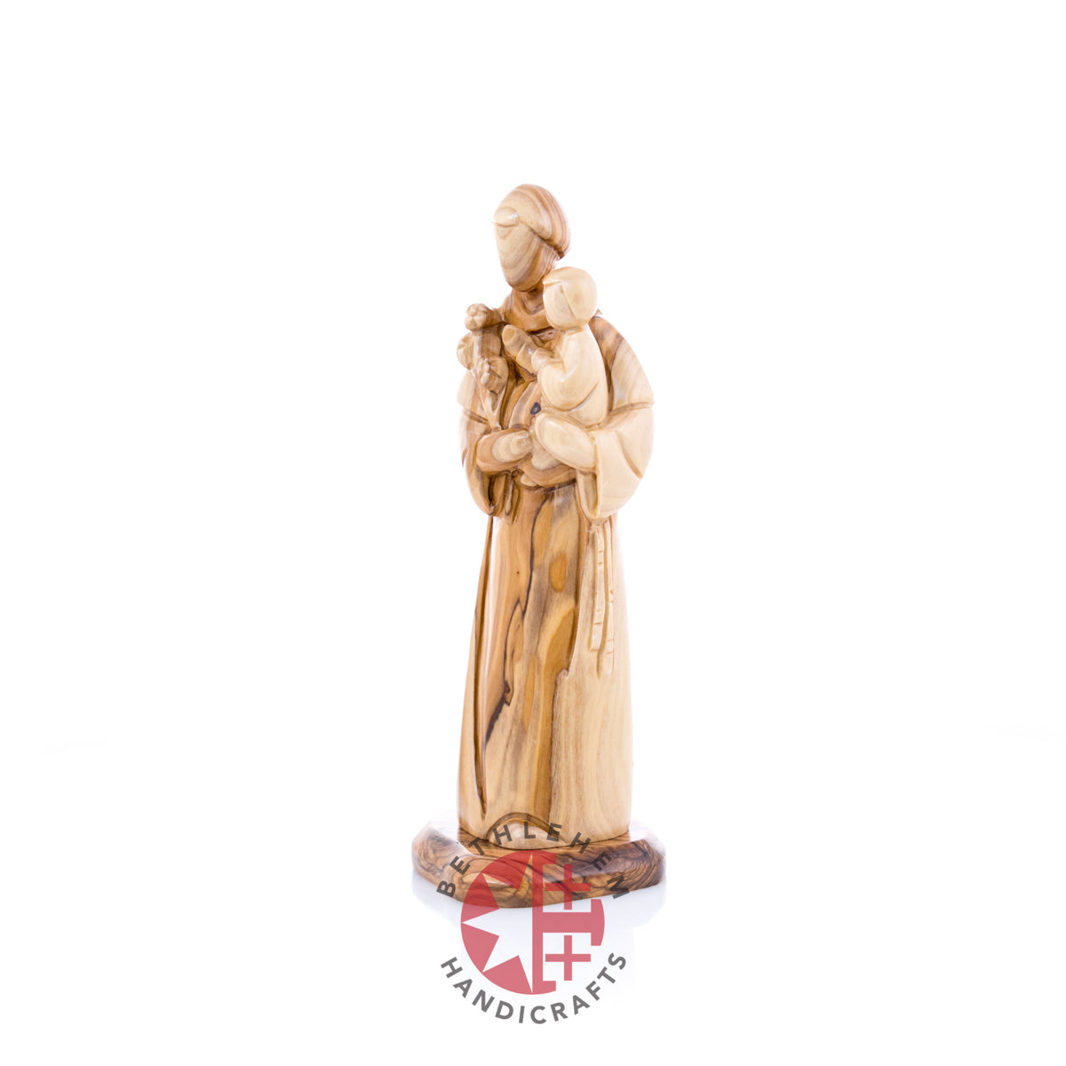 St. Anthony Holding Baby Jesus Christ Figurine, 9.1" Hand Carved Olive Wood