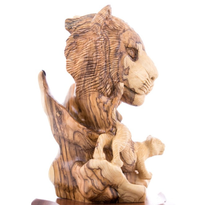 Lion and Cub Wooden Sculpture, 9.6" Hand Carved in Holy Land