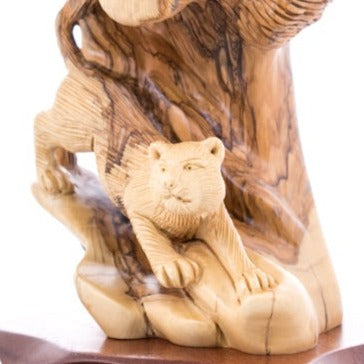 Cougar and Cub Wooden Sculpture, 9.6" Hand Carved in Holy Land