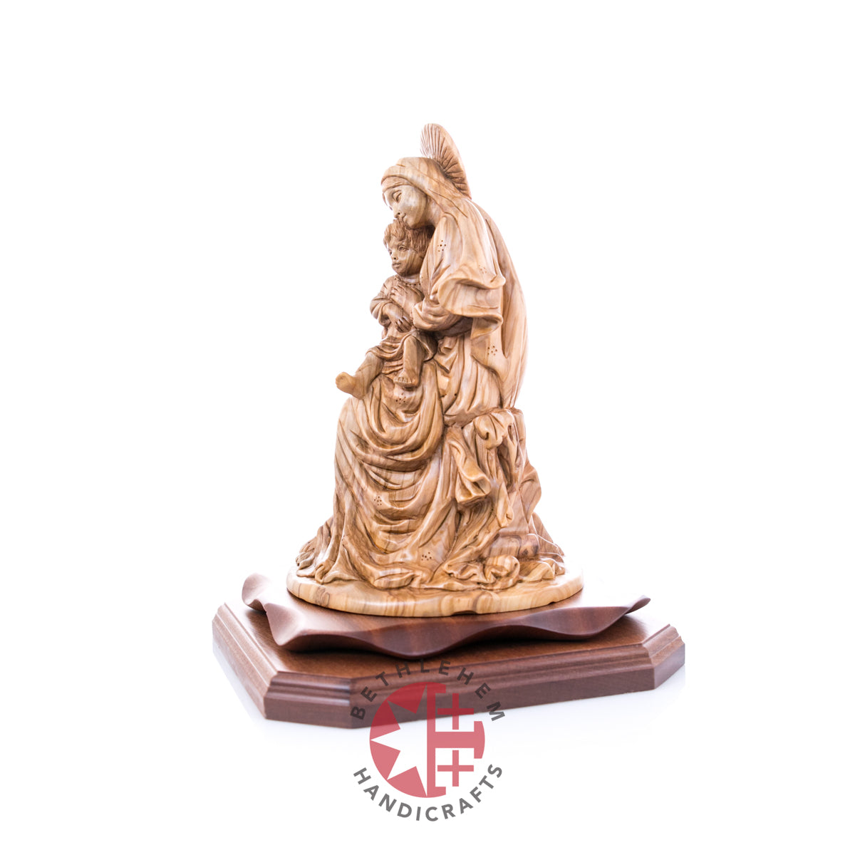 Crowned Virgin Mary with Baby Jesus, 11" Olive Wood Carving Statue from Bethlehem