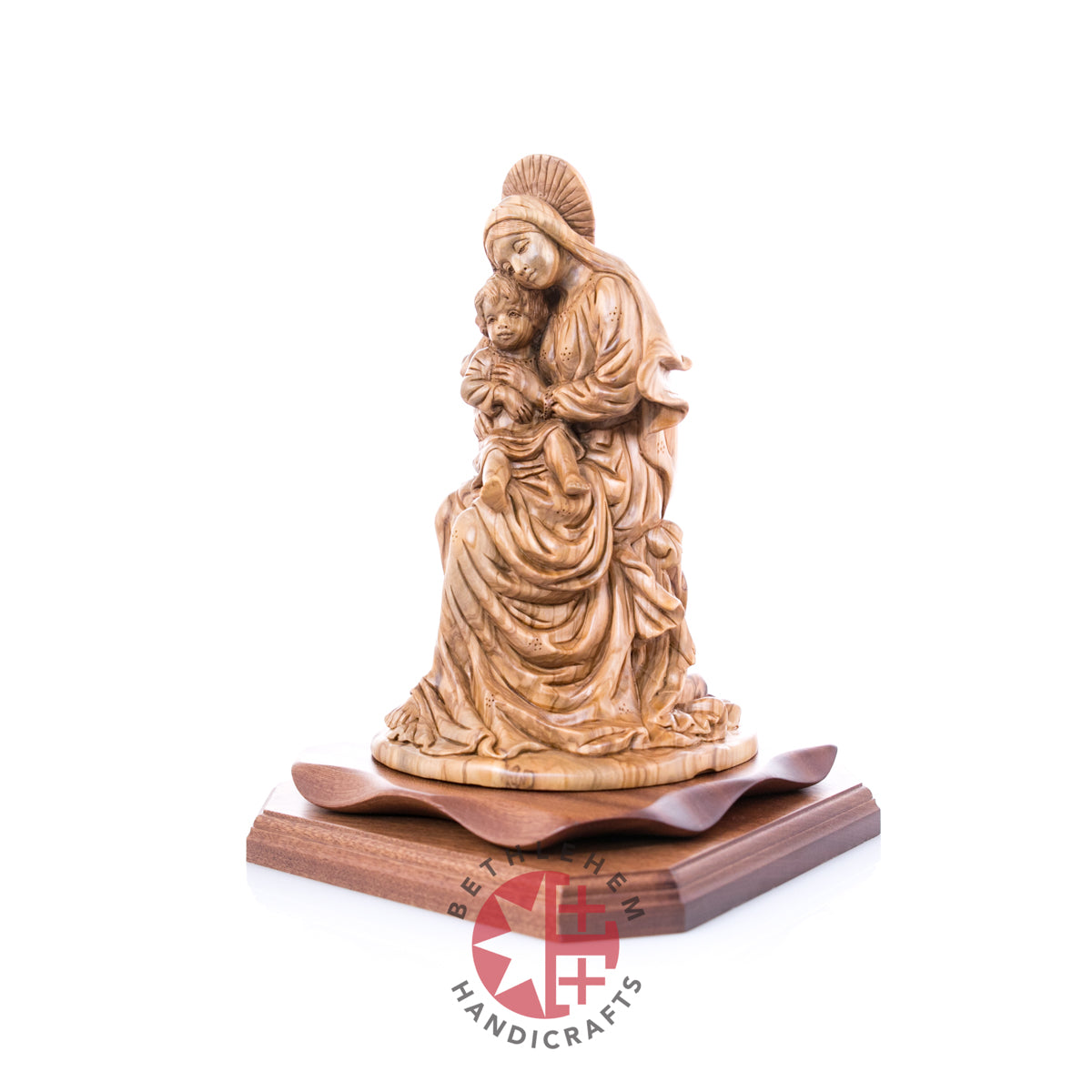 Crowned Virgin Mary with Baby Jesus, 11" Olive Wood Carving Statue from Bethlehem