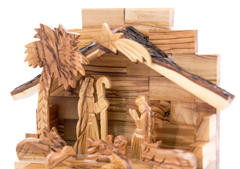 Rustic Olive Wood Christmas Nativity Scene, 7.9" with Natural Edges