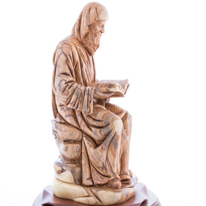 Carved Olive Wood Sitting Saint Charbel Statue - Statuettes - Bethlehem Handicrafts