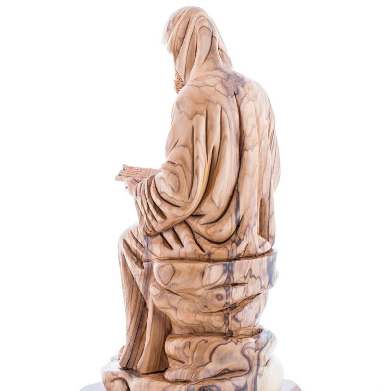 Carved Olive Wood Sitting Saint Charbel Statue - Statuettes - Bethlehem Handicrafts