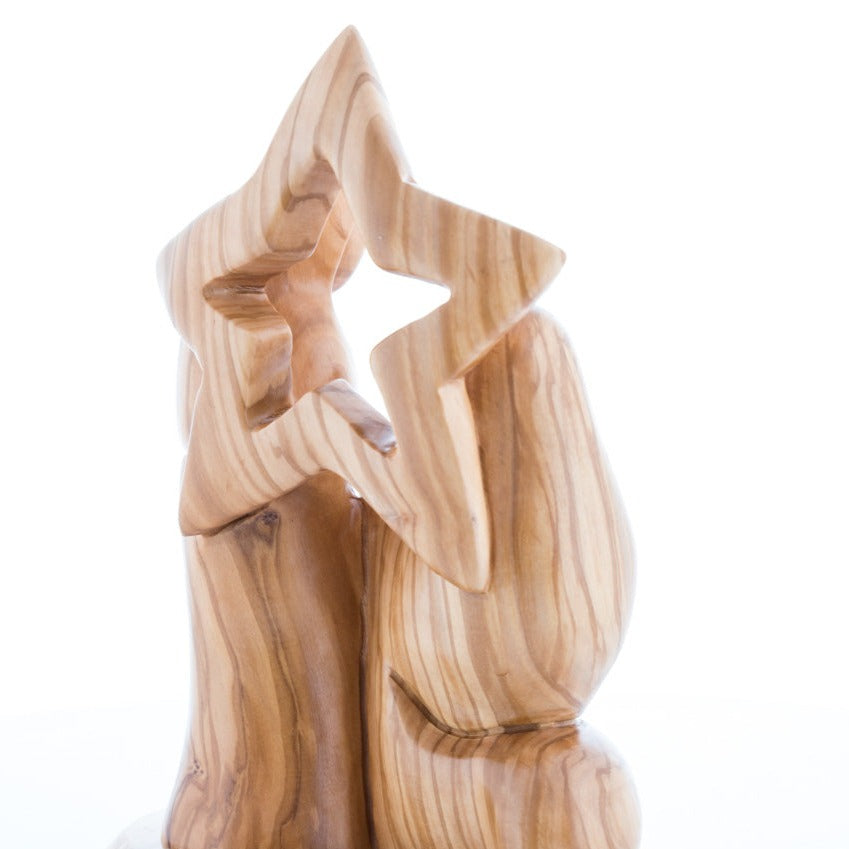 Abstract Olive Wood Holy Family Sculpture with the Nativity Star - Statuettes - Bethlehem Handicrafts