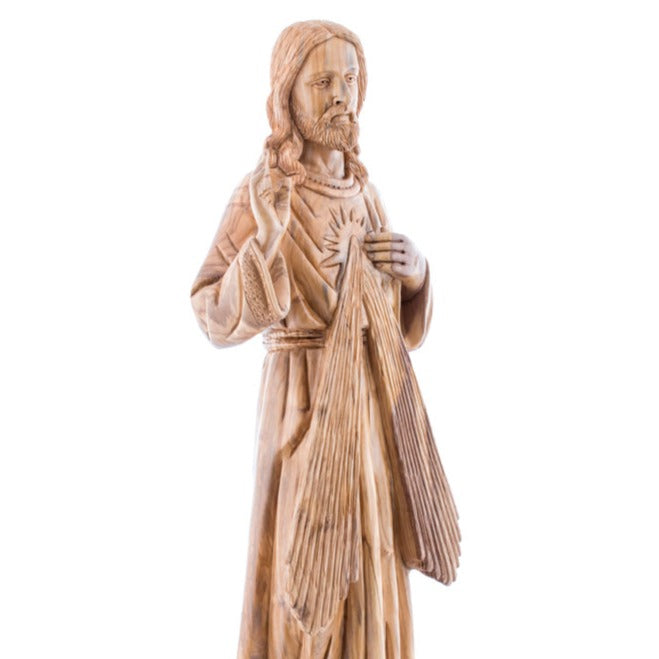 Carved Olive Wood Divine Mercy's Statue - Statuettes - Bethlehem Handicrafts