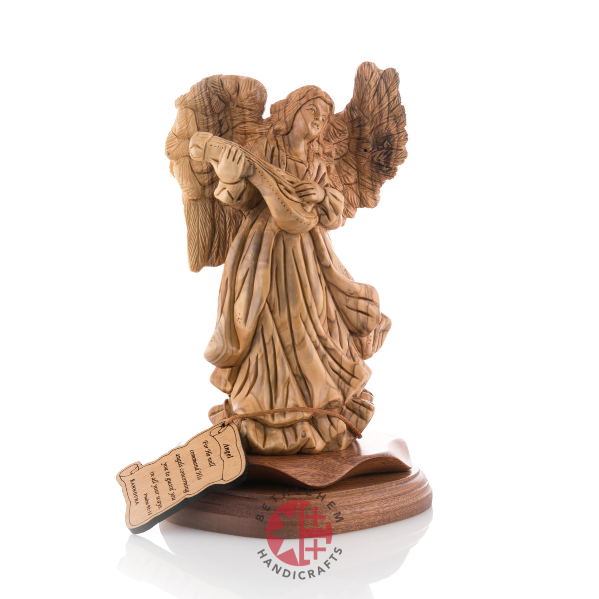 Angel Playing Music With Cithara Carving, 9.7" Olive Wood from Holy Land