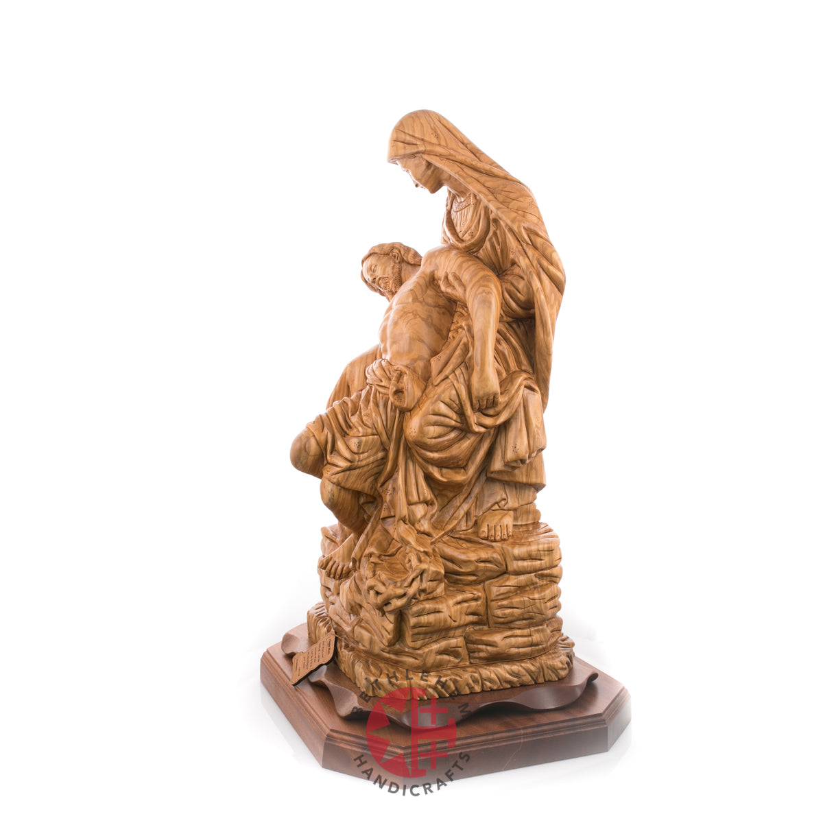 Contemplative Pieta Statue 26.4", Very Large Olive Wood Carving Statue from Bethlehem