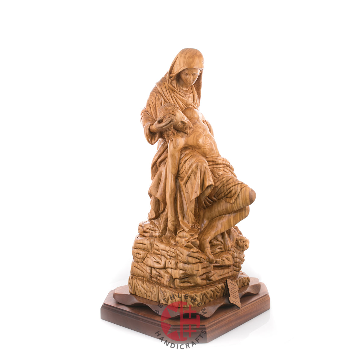 Contemplative Pieta Statue 26.4", Very Large Olive Wood Carving Statue from Bethlehem