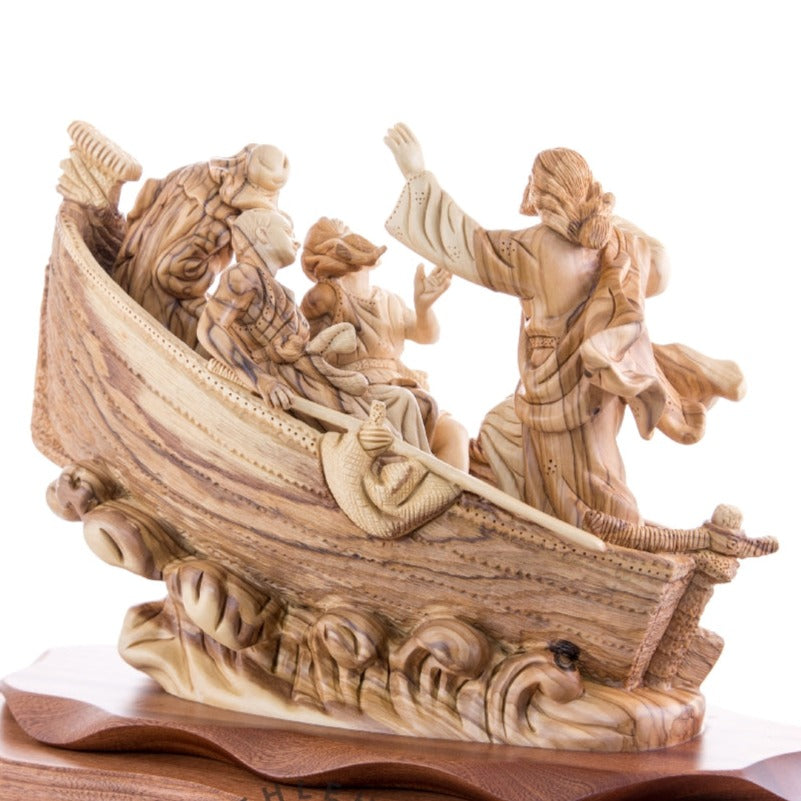 Jesus Christ "Calms The Storm" on Boat, 15.5" Masterpiece Wooden Carving