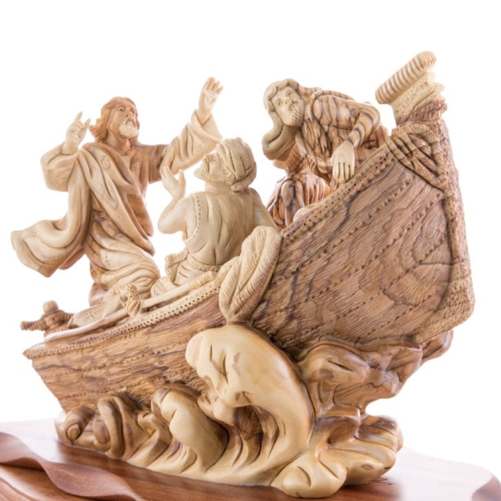 Jesus Christ "Calms The Storm" on Boat, 15.5" Masterpiece Wooden Carving